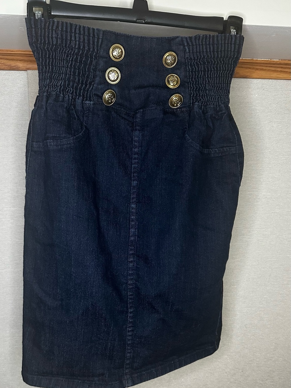 High-Waist Dark Navy Denim Skirt with Gold Buttons
